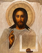 Икона в латунном окладе «Спас Вседержитель», Россия, Москва, нач. 20 в.