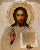 Икона в латунном окладе «Спас Вседержитель», Россия, Москва, нач. 20 в.