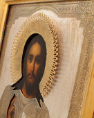 Икона в латунном окладе «Спас Вседержитель», Россия, Москва, нач. 20 в.