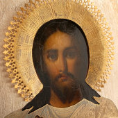 Икона в латунном окладе «Спас Вседержитель», Россия, Москва, нач. 20 в.