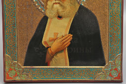 Старинная икона «Преподобный Серафим Саровский», дерево, накатка на жести, Россия, кон. 19, нач. 20 вв.