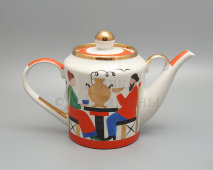 Большой фарфоровый доливной чайник «Чаепитие», автор формы Ю. Ганрио, автор росписи С. Уваров, Вербилки, 1960-е