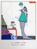 Старинная гравюра, иллюстрация «Черное благовоние. Домашний вечерний халат» к журналу о моде «La Gazette du Bon Ton», багет, стекло, Франция, 1914 г.