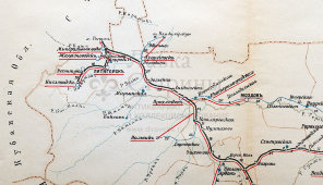 Старинная карта Терской области (Кабардино-Балкария, Северная Осетия, Ингушетия, Чечня, Дагестан, Ставрополье), картографич. зав. П. Ф. Петш, Санкт-Петербург, к. 19, н. 20 вв.