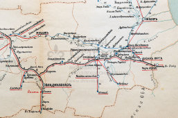 Старинная карта Терской области (Кабардино-Балкария, Северная Осетия, Ингушетия, Чечня, Дагестан, Ставрополье), картографич. зав. П. Ф. Петш, Санкт-Петербург, к. 19, н. 20 вв.