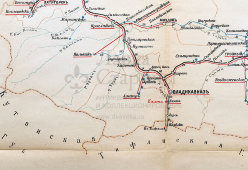 Старинная карта Терской области (Кабардино-Балкария, Северная Осетия, Ингушетия, Чечня, Дагестан, Ставрополье), картографич. зав. П. Ф. Петш, Санкт-Петербург, к. 19, н. 20 вв.