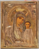 Старинная икона Божией Матери «Богородица Казанская» в латунном окладе, Россия, кон. 19 в.