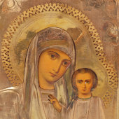 Старинная икона Божией Матери «Богородица Казанская» в латунном окладе, Россия, кон. 19 в.