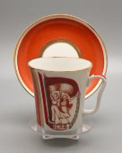 Чашка с блюдцем, чайная пара «ВСХВ» (ВДНХ), художник Семенова А. Н., авторский экземпляр, агитация, ЛФЗ, 1950-е гг.