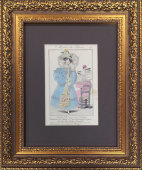 Старинная гравюра «Парижская мода: женские аксессуары», багет, стекло, Франция, 19 в.