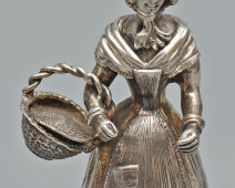 Старинный колокольчик для вызова прислуги «Дама с корзиной», B.H.M., белый металл, Европа, нач. 20 в.