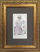 Старинная гравюра «Мода Парижа: женские аксессуары», багет, стекло, Франция, 19 в.