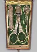Старинный набор для ручного шитья в футляре, швейный несессер, серебро, маркетри, Франция, 19 в.