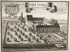 Старинная гравюра «Замок Эматинг», Германия, 1700-е годы