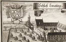 Старинная гравюра «Замок Эматинг», Германия, 1700-е годы