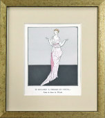 Старинная гравюра, иллюстрация «Господин Бергсон обещал прийти. Вечернее платье Уорта» к журналу о моде «La Gazette du Bon Ton», багет, стекло, Франция, 1910-е