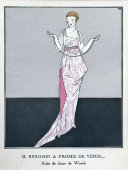 Старинная гравюра, иллюстрация «Господин Бергсон обещал прийти. Вечернее платье Уорта» к журналу о моде «La Gazette du Bon Ton», багет, стекло, Франция, 1910-е