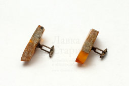 Винтажные советские запонки с натуральным янтарем в коробке, белый металл, Рига, 1958-60 гг.