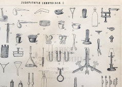 Старинная гравюра «Оборудование химической лаборатории», бумага, Брокгауз и Ефрон​, Санкт-Петербург, 1900-е