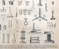 Старинная гравюра «Оборудование химической лаборатории», бумага, Брокгауз и Ефрон​, Санкт-Петербург, 1900-е