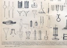 Старинная гравюра «Оборудование химической лаборатории», бумага, Брокгауз и Ефрон​, Санкт-Петербург, 1900-е