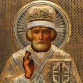 Старинная икона Николая Чудотворца в серебряном окладе 84 пробы и в киоте, Россия, 19 в.