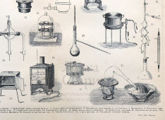 Старинная гравюра «Химическая лаборатория и ее оборудование», бумага, Брокгауз и Ефрон​, Санкт-Петербург, 1900-е
