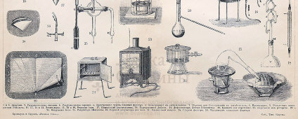 Старинная гравюра «Химическая лаборатория и ее оборудование», бумага, Брокгауз и Ефрон​, Санкт-Петербург, 1900-е