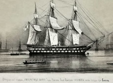 Литография «Корабль «Императрица Мария» под флагом вице адмирала Нахимова», Русский художественный листок В. Тимма № 33, 1854 г.