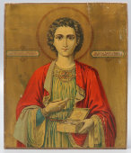 Старинная деревянная икона «Святой целитель Пантелеймон» с печатью Монастыря на горе Афон, Россия, н. 20 в.