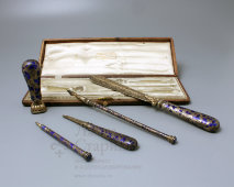 Антикварный письменный набор «Sharral&Fabre»: перо, нож для бумаги, личная печать, оригинальный футляр