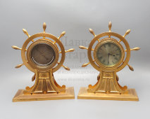 Антикварный кабинетный комплект из часов и барометра в морском стиле «Корабельные штурвалы», латунь, позолота, Европа, 18 и 19 вв.