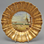 Антикварная декоративная тарелка с видом на Адмиралтейство в Санкт-Петербурге, частный завод, Россия, 1830-е