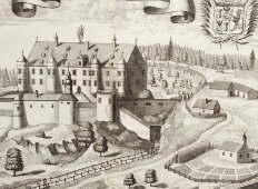 Старинная гравюра «Замок Диссен», Германия, 1700-е годы