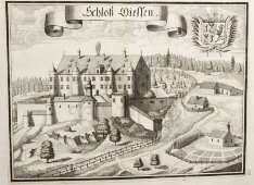 Старинная гравюра «Замок Диссен», Германия, 1700-е годы