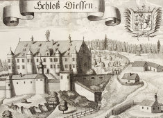 Старинная гравюра «Замок Диссен», Германия, 1700-е годы