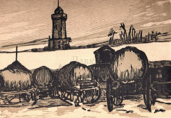 Советская антикварная гравюра «Дворик водовозов в Сущеве, Казанский переулок», гравер Павлов И. Н., 1925 г.