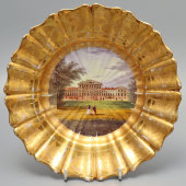 Антикварная декоративная тарелка с изображением дворца, частный завод, Россия, 1830-е