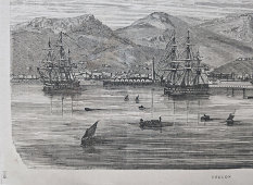 Старинная гравюра «Тулон» (Toulon) из «Истории французской революции» Луи Блана, Франция, 18 в.