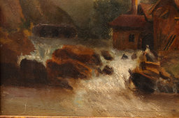 Старинная картина «Домик у водопада», холст, масло, багет, Европа, к. 19, н. 20 в.