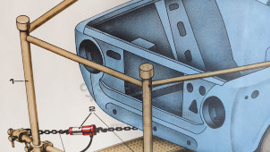 Учебный плакат «Устройство БС-167000 для восстановления кузовов легковых автомобилей» из серии «Ремонт кузовов и кабин легковых автомобилей», худ. Белопольский Ю. С., изд-во «Высшая школа», Одесса, 1990 г.