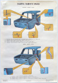 Учебный плакат «Замена заднего крыла» из серии «Ремонт кузовов и кабин легковых автомобилей», худ. Белопольский Ю. С., изд-во «Высшая школа», Одесса, 1990 г.