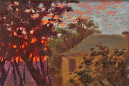 Картина «Сельский пейзаж», художник Васин В. А., фанера, масло, 1960-е