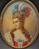 Старинная миниатюра знатной дамы в овальной рамке, фоторамка, дерево, латунь, Франция, кон. 19 в.