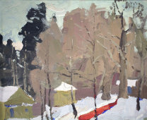 Картина «Лодки зимой», художник Крылов Е. И., фанера, масло