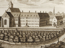 Старинная гравюра «Монастырь Эберсперг», Германия, 1700-е годы