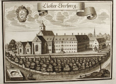 Старинная гравюра «Монастырь Эберсперг», Германия, 1700-е годы