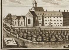 Старинная гравюра «Монастырь Эберсперг», Германия, 1700-е годы
