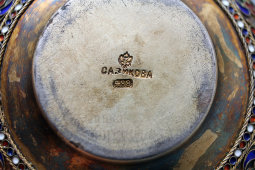 Антикварная серебряная мисочка с эмалевым орнаментом, серебро 88 пробы, перегородчатая эмаль, Россия, к. 19 в.