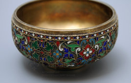 Антикварная серебряная мисочка с эмалевым орнаментом, серебро 88 пробы, перегородчатая эмаль, Россия, к. 19 в.